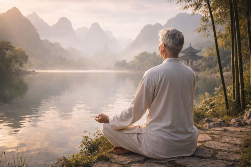 Breathing and relaxation by a peaceful lake
