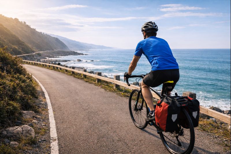 Cycling along a scenic oceanfront road